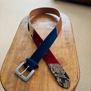 Stunning GAP Leather Belt Multi-Color Leather & Cow Hide Panels - Brass Buckle